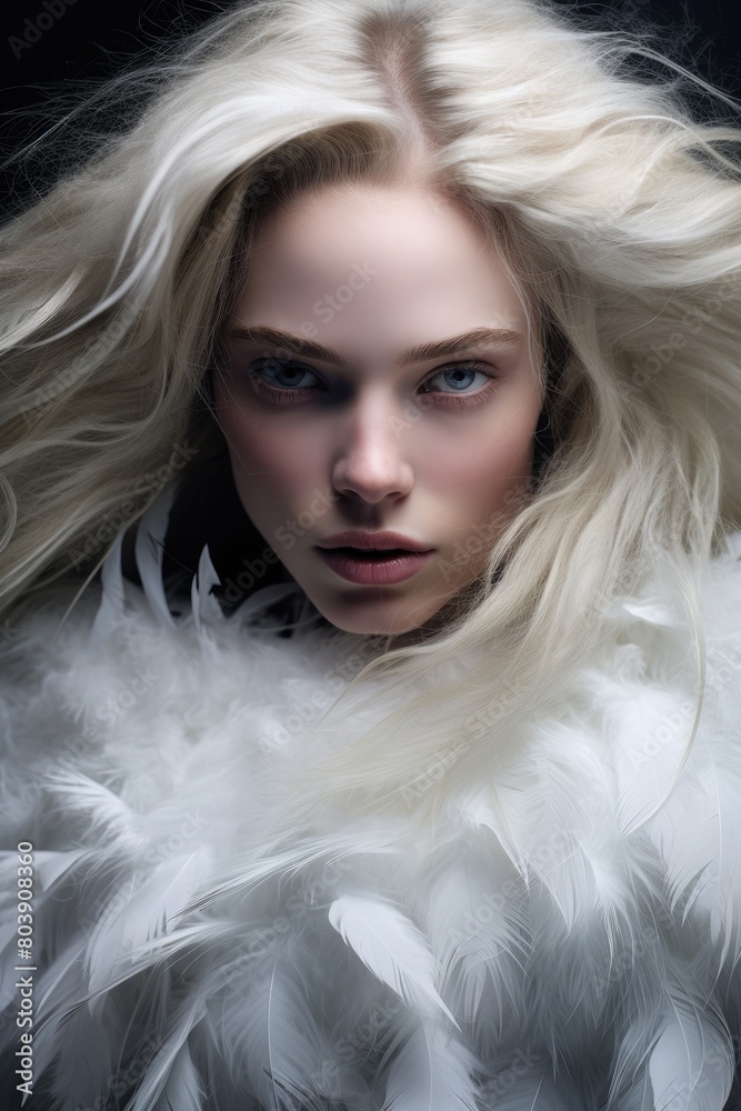 Captivating portrait of a mysterious woman surrounded by feathers Captivating portrait of a mysterious woman surrounded by feathers