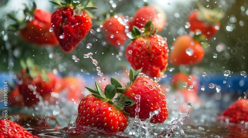 Fresh strawberries splashing into clear water, creating a vibrant red swirl.