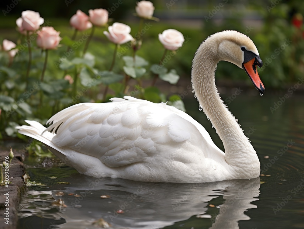 Fototapeta premium white swan swimming in pond with pink roses