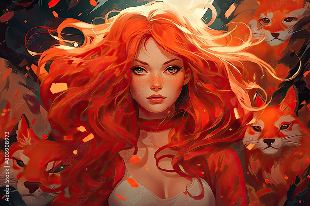 fiery redhead woman surrounded by wild cats fiery redhead woman surrounded by wild cats