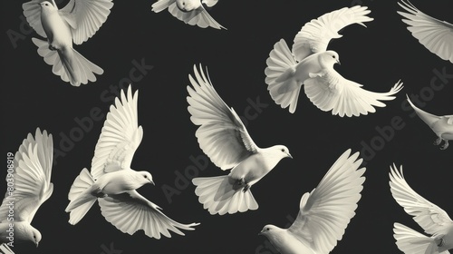 White doves group flying on black background and Clipping path .freedom concept and international day of peace