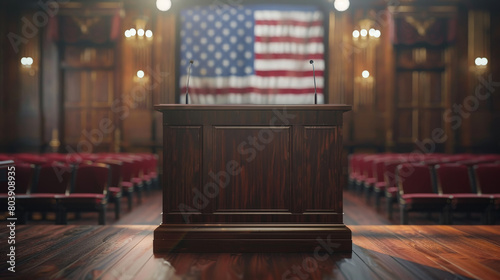 2024 Presidential election, podium with American flag, candidate in focus. Vote, US presidential election campaign concept photo