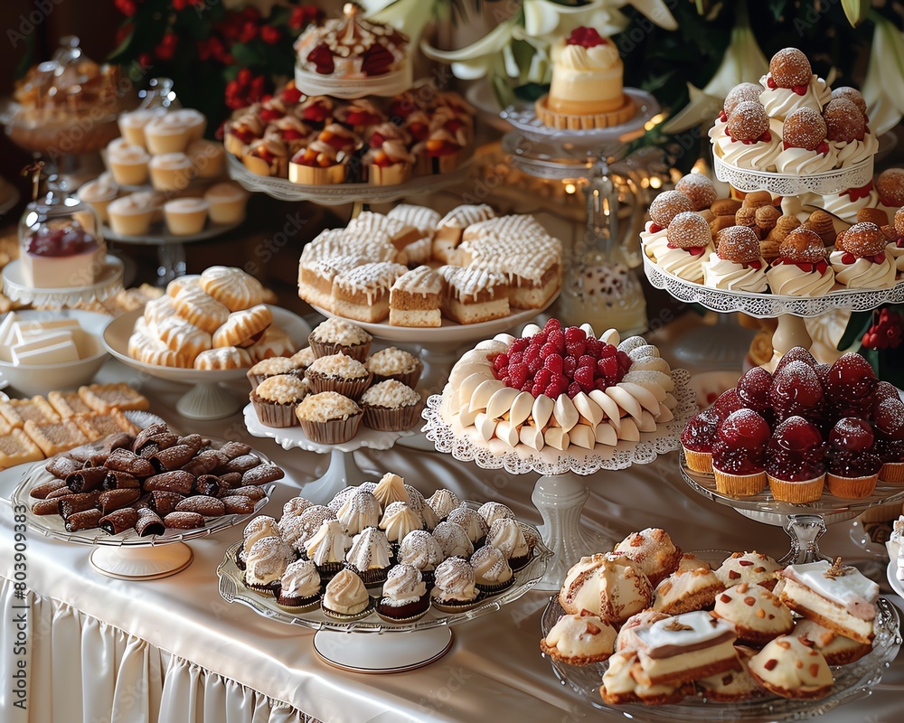 A traditional Italian dessert table set for a feast, featuring an array of biscotti, tiramisu, and panna cotta, rich in detail and color