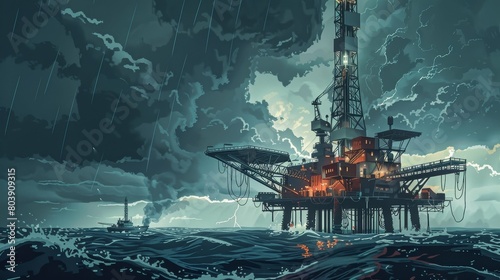 An oil rig weathers a storm at sea illuminated by lightning