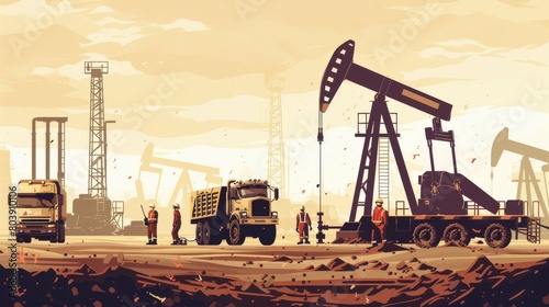 Busy oilfield with workers pumps and trucks against a sunset photo