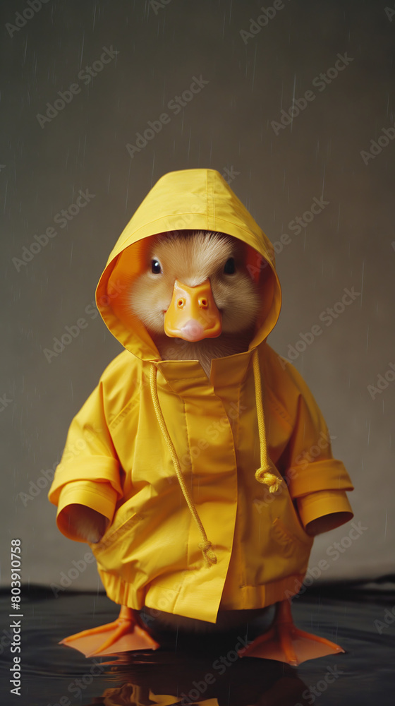 A cute duck wearing a yellow raincoat is standing in the rain. The duck looks very happy and content. It is a very cute and funny image. A cute duck wearing a yellow raincoat is standing in the rain. The duck looks very happy and content. It is a very cute and funny image.