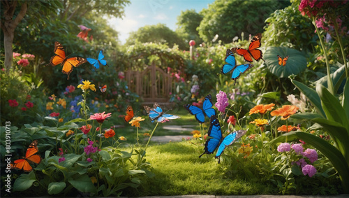 A playful garden scene, cartoon Style colorful butterflies, Generative AI