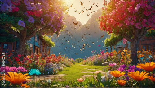 A cartoon world filled with vibrant colors and blooming flowers, Generative AI