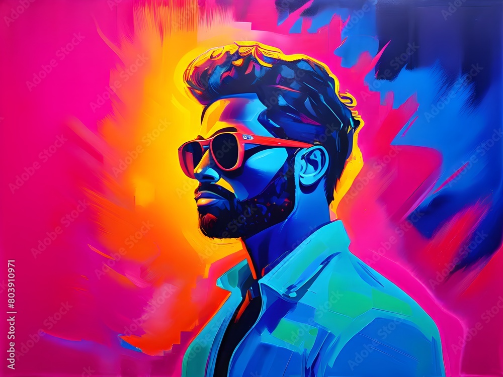 Abstract digital painting of a mans face in vibrant neon color Abstract digital painting of a mans face in vibrant neon color