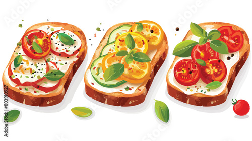 Delicious toast with vegetables on white background vector