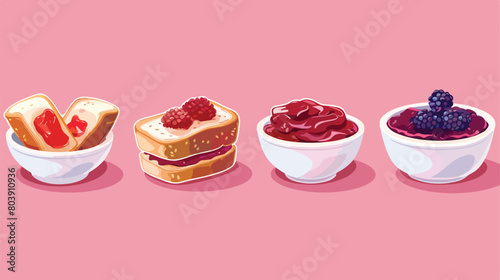 Delicious toasts and bowls of jam on pink background