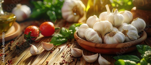 Design a digital artwork inspired by authentic Italian cuisine, incorporating elements of garlic and olive oil photo