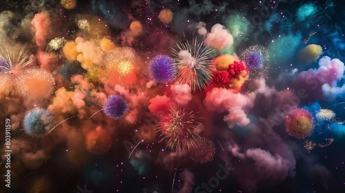 A burst of colorful, abstract fireworks against a night sky, each explosion a chaotic blend of color and light.