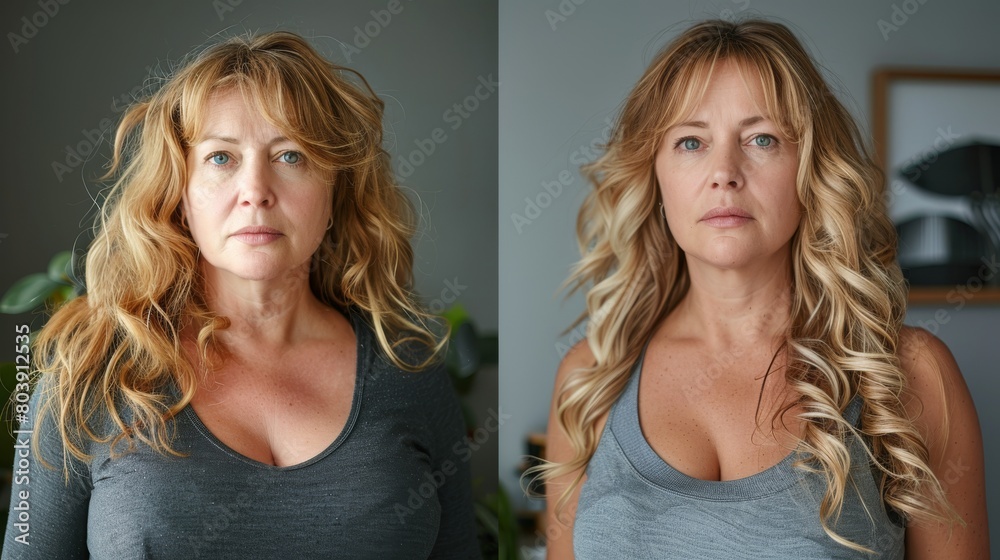 Middle-aged Woman Before and After Hairstyling. A side-by-side comparison of a middle-aged woman's look before and after professional hairstyling. Middle-aged Woman Before and After Hairstyling. A side-by-side comparison of a middle-aged woman's look before and after professional hairstyling.