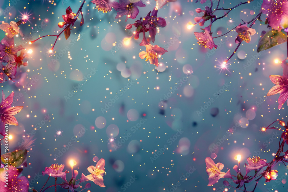Beautiful fairy lights pattern with flowers for background Beautiful fairy lights pattern with flowers for background