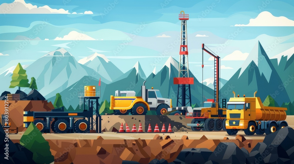 Industrial mining site with heavy machinery and mountains backdrop