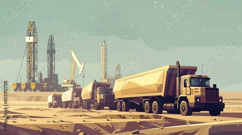 Industrial might Trucks and oil derricks dominating the desert landscape photo