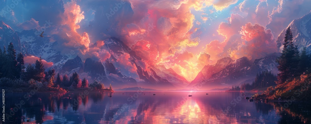 A dreamlike landscape filled with shimmering pearly clouds and iridescent rainbows A dreamlike landscape filled with shimmering pearly clouds and iridescent rainbows