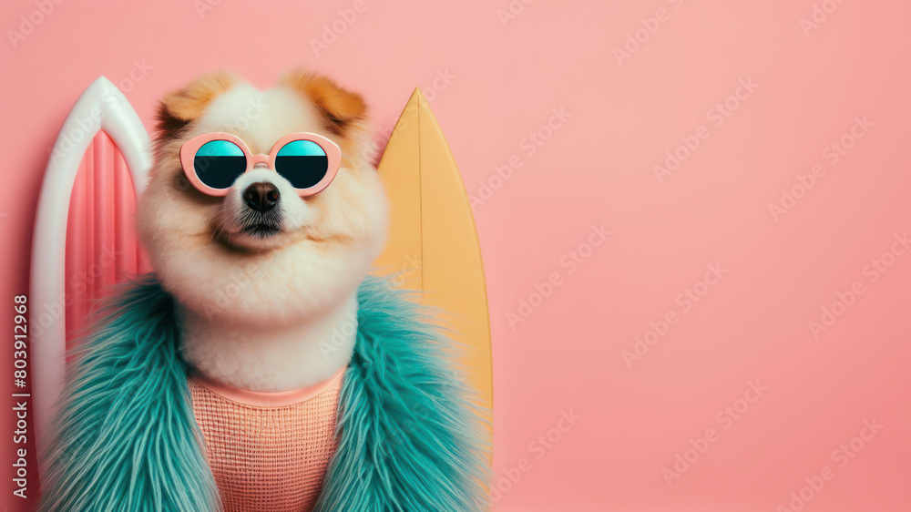 Funny dog wearing summer fashion on pastel background with copy space. Summer Vacation Concept. Funny dog wearing summer fashion on pastel background with copy space. Summer Vacation Concept.