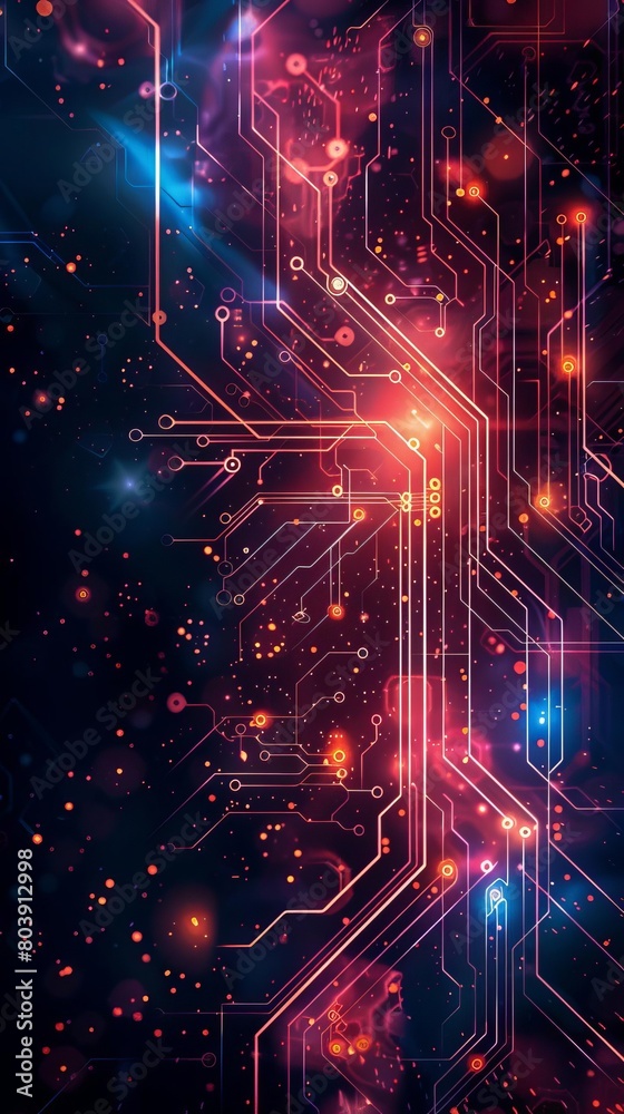 Illustrate an abstract digital artwork portraying a network of interconnected circuitry viewed from behind Illustrate an abstract digital artwork portraying a network of interconnected circuitry viewed from behind