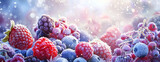 Assorted frozen blueberries, raspberries, strawberries. Background with food. Banner