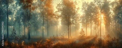Mysterious forest in the morning mist. Panoramic image © HUOSEN