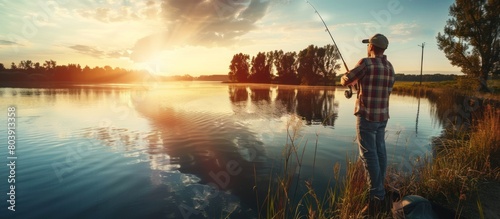 Man fishing on the edge of the lake at sunset photo