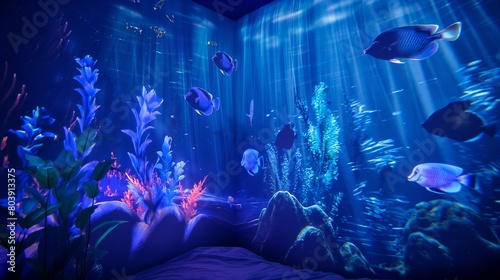 A calming  deep sea blue light projection in a bedroom  featuring gently swimming fish and swaying sea plants.