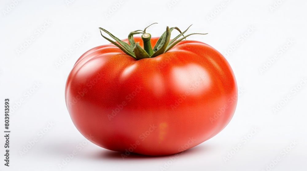 A large, red tomato on a white background. A large, red tomato on a white background.