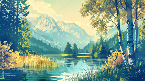 Beautiful outdoor nature scenery with mountainsand river in summer. Spring landscape illustration.