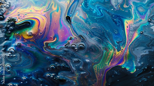 Abstract iridescent oil spill on water surface. Pollution and environment concept for design and print  photo