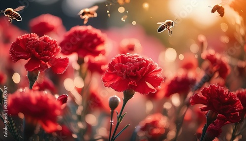 Red carnation detailed matte painting, in a field of flowers, bees buzzing, flower, nature, flowers, plant, garden, spring, pink, red, blossom, summer, bloom, beauty, flora, yellow, macro