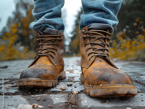 Close-up of a person wearing leather shoes and old jeans walking alone on the sidewalk. Suitable for the concept of unemployment, going on adventures, independence, Finding myself, seeking experience.