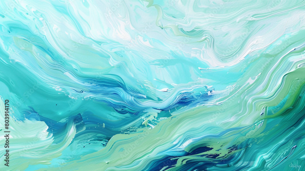 Canvas painting depicting the serene ocean flow in turquoise and sage with vibrant brushstrokes. Canvas painting depicting the serene ocean flow in turquoise and sage with vibrant brushstrokes.