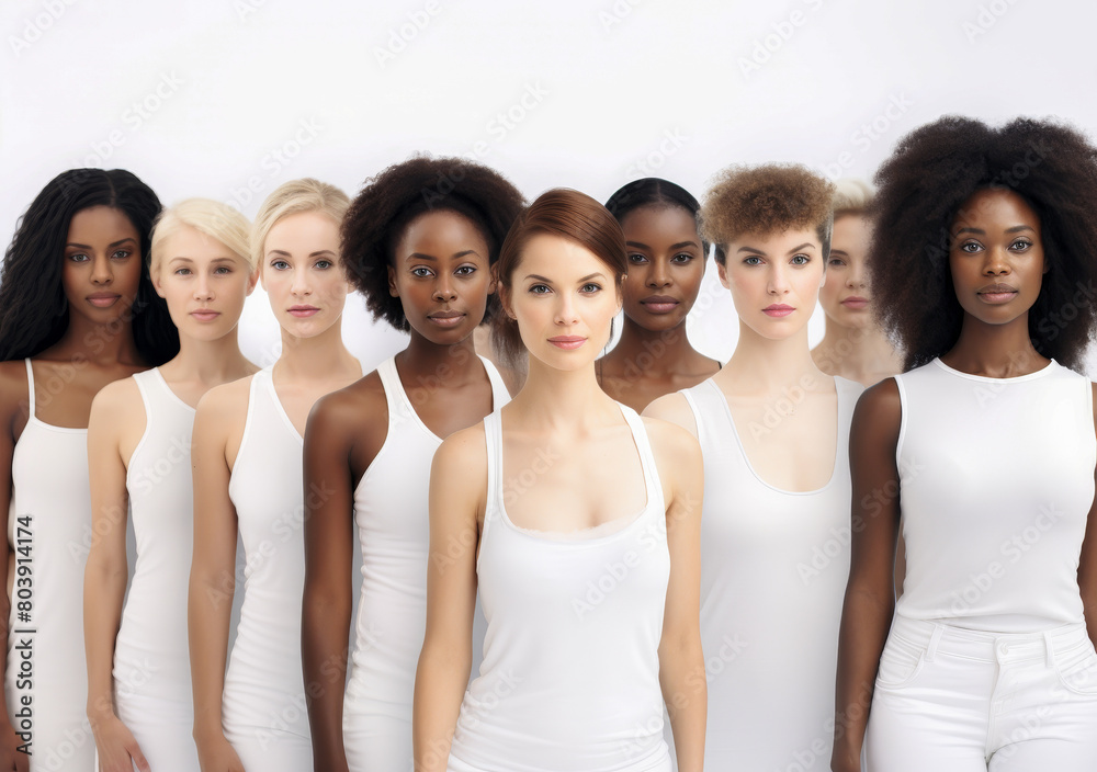 Ethnically diverse group of women in white on a white background. Ethnically diverse group of women in white on a white background.