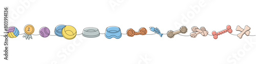 Pet supplies. Ball toy, first place medal, tennis ball, pet toy, dog chew toy, fish bone skeleton, dog tug, bones continuous one line illustration.