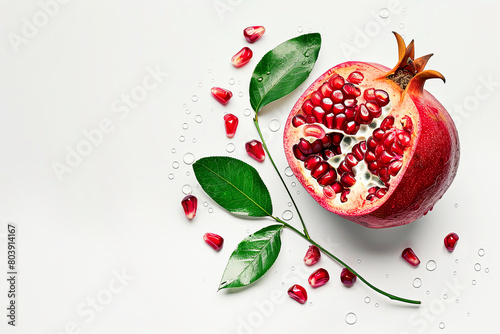Pomegranate with water drops and leaves isolated on a white background. Exotic fruit