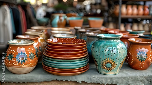 Outdoor Market Delight: Colorful Dishes and Ceramics