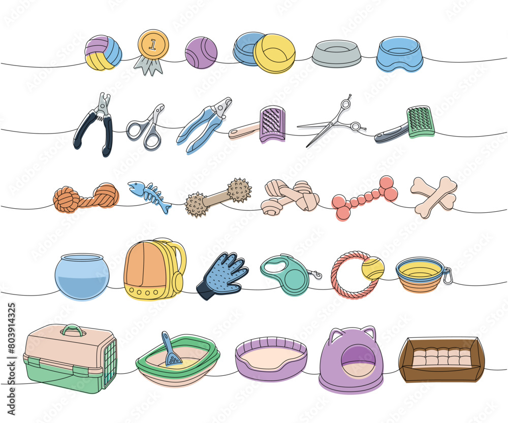 Naklejka premium Pets accessories. Scissors, nail clippers, brush, fur remover, aquarium, backpack carrier, hair remover glove, tape measure leash, portable water bowl