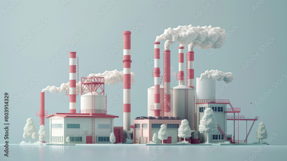 Obraz premium Stylized illustration of a modern industrial factory complex with emitting smokestacks, set against a cool backdrop.
