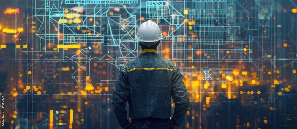 Fototapeta premium Concept technology. Male industrial engineer analyzing project data against hologram wall background