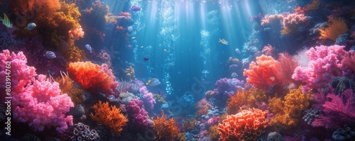 Underwater view of coral reef and tropical fish. 3d rendering