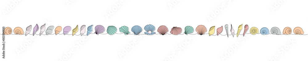 Tropical underwater shells continuous one line illustration. Sea shells, mollusks, scallop, pearls. Vector minimalist linear illustration.