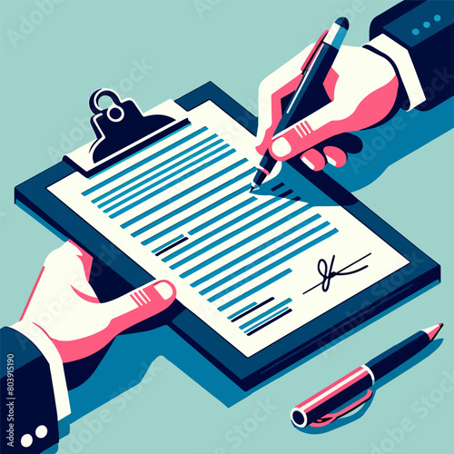 Ideal for depicting agreements, contracts, and legal document finalization in business and legal graphics. Vector illustration of a document signing process.