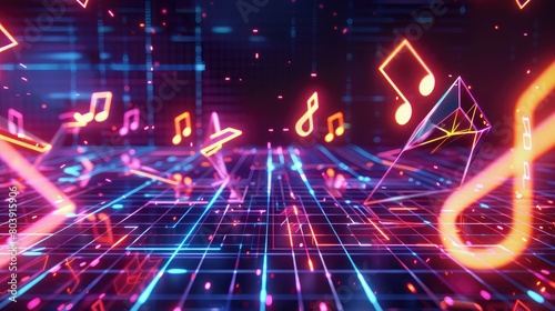 Vibrant neon-colored musical notes dancing across a dark background, creating a mesmerizing symphony of light and sound. photo