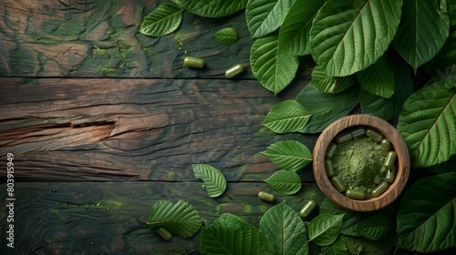 Green leaves and wooden background. Natural herbal medicine. Alternative medicine concept.
