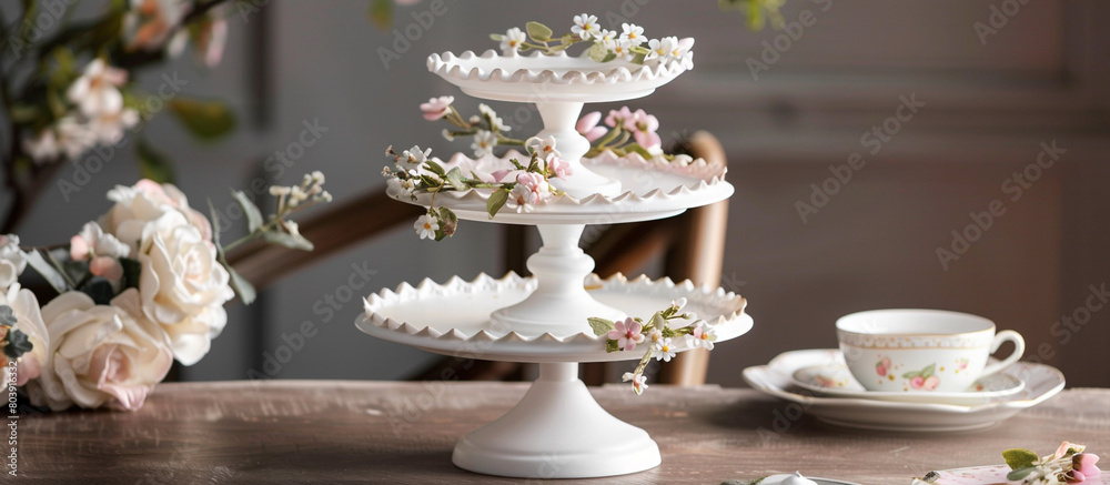 A charming three-step empty sweet stand, with delicate floral accents adorning its tiers, adding a touch of romance to any dessert spread, showcased in flawless ultra HD 