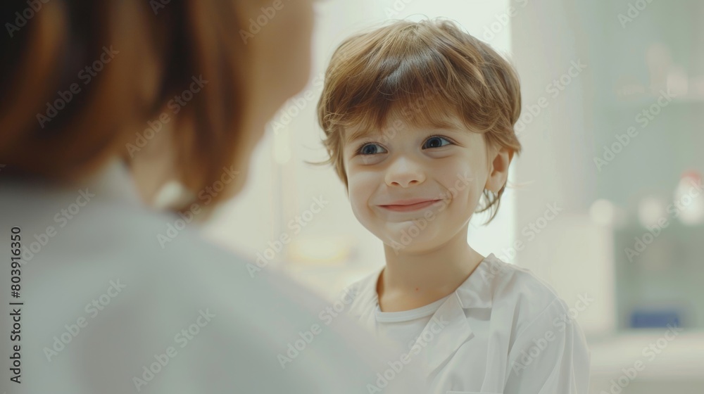 A young boy smiles as he stands in front of a woman A young boy smiles as he stands in front of a woman