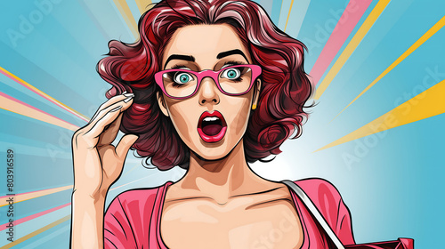 Wow female face Sexy surprised young woman in glasses in pop art retro comic style AI Generated