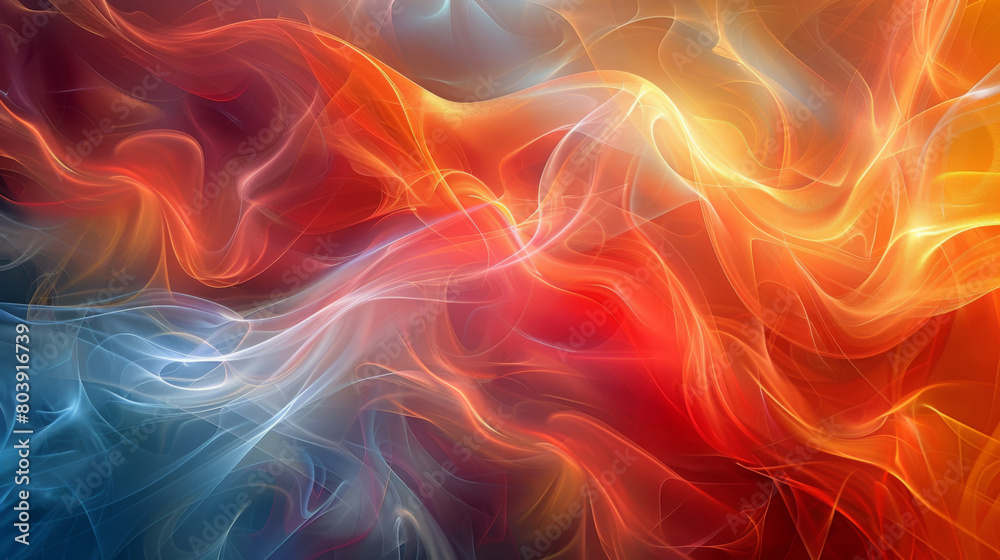 Obraz premium Abstract illustration featuring flowing waves of color in warm red and cool blue tones, creating a dynamic and soothing visual.